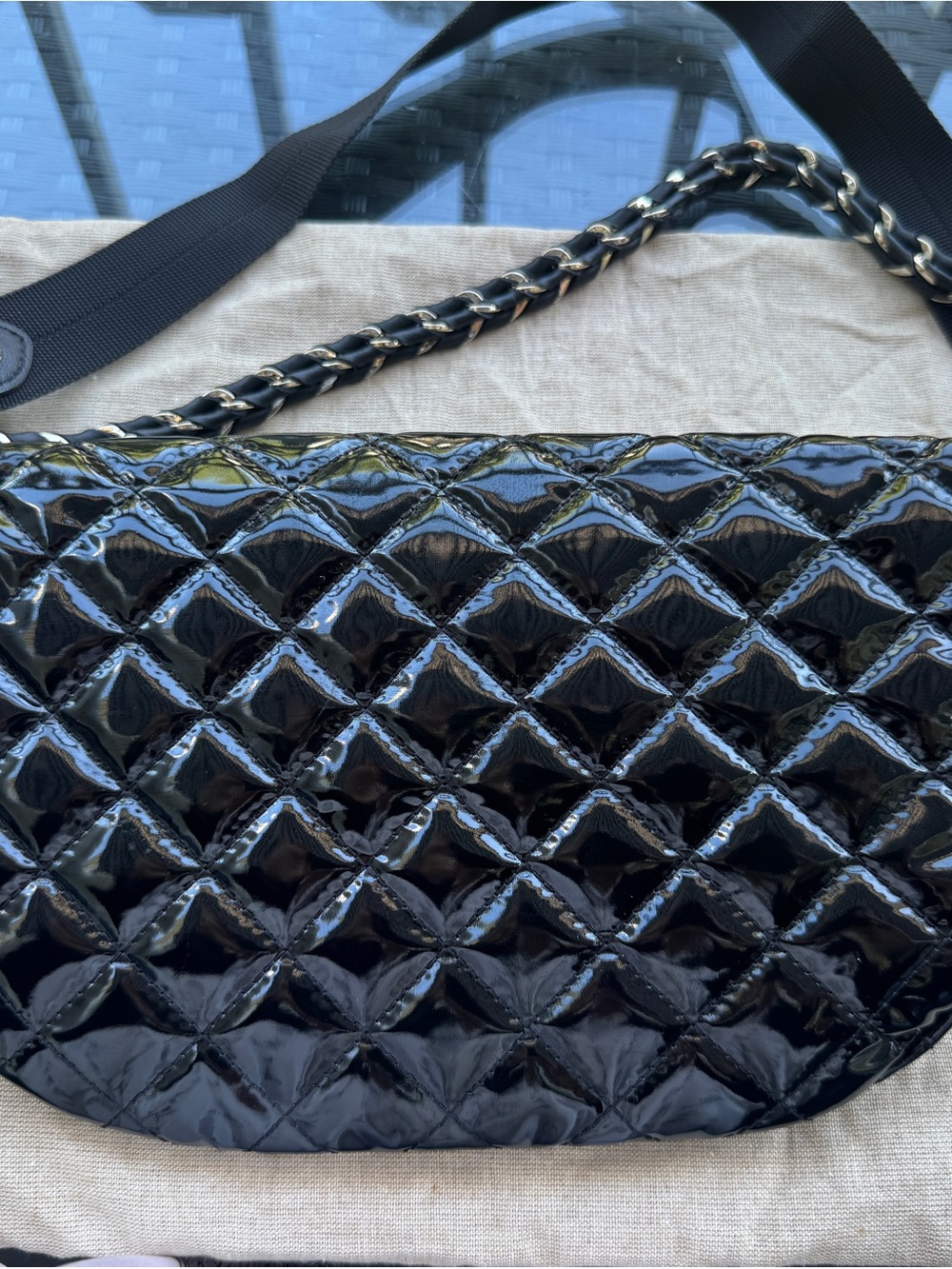 MZ Wallace Small Quilted Patent Leather Crossbody Sling Belt Bag Black Lacquer - Picture 6 of 14